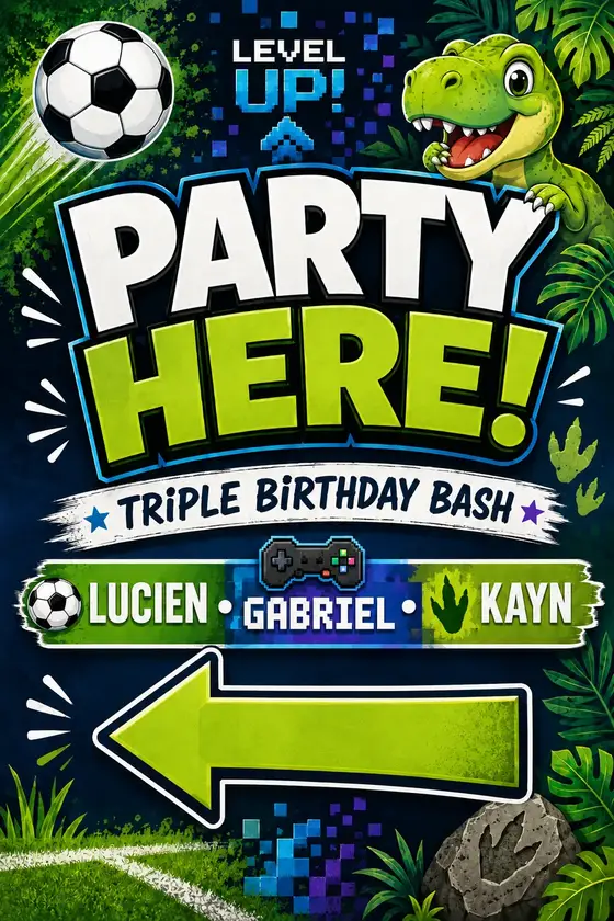 Party Here Triple Birthday Bash directional sign