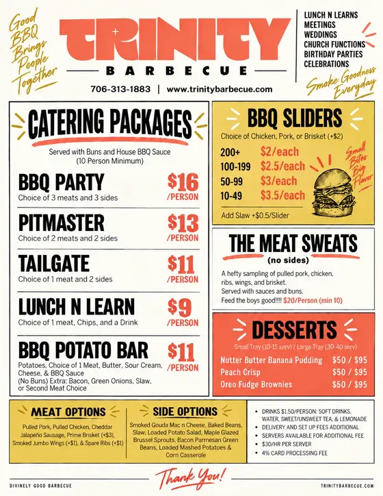Trinity Barbecue catering packages menu