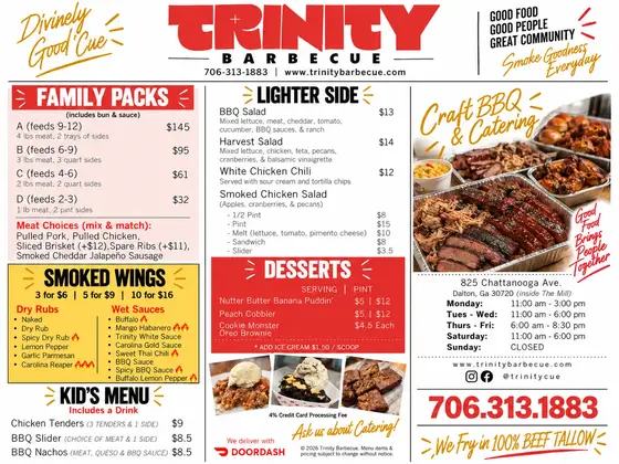 Trinity Barbecue family packs menu