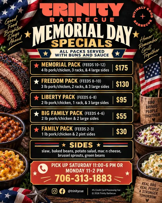 Trinity Barbecue Memorial Day specials